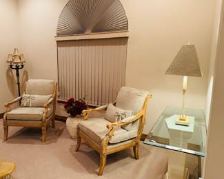TWO SILGA SUEDE ARM CHAIRS, GLASS TOP FOYER TABLE