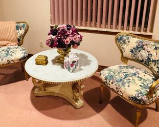 LOUIS XIV SITTING CHAIRS, MARBLE TOP TABLE