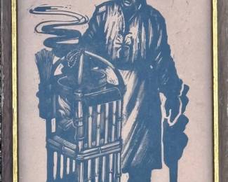 Mid-C Chinese Woodblock Man Frying Beans, Signed