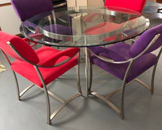 From Carson's in Archdale, NC four faux velvet textured armchairs and glass top table all on stainless steel bases