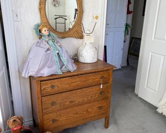 Oak dresser, “Gone with the Wind” Madame Alexander doll and toys