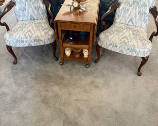 Queen Anne chairs in excellent condition and oak tea cart with drop sides