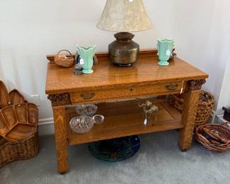 Oak table, McCoy vases , wooden bowls and serving pieces
