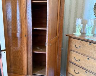 Wardrobe and a matching Tiger oak chest , McCoy vases