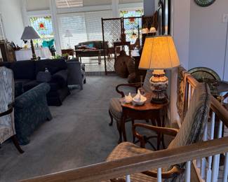 Beautiful Queen Anne chairs, oak dresser, teak screen and navy couch