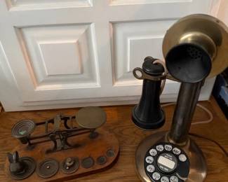 Brass candle stick phone and brass weight set