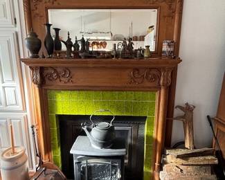 Brass, crock #4 pot, cast iron tea kettle and electric stove