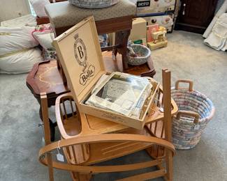 Embroidery hoop, stool and vintage table