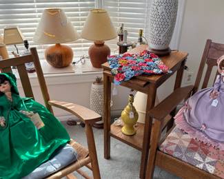 Oak writing table and wooden rocker many lamps