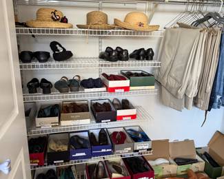 Women’s shoes size 8 and men’s slacks,  blue jeans land hats