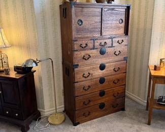Oriental chest comes in two parts, floor lamp, and antique night stand