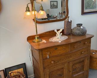 Oak dresser, mirror, ottoman and basket of assorted wooden fruit