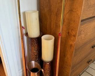 Copper candle sticks, and pitcher