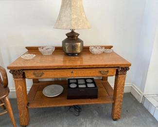 Early 1900 Carved Tiger oak two tier consol library table