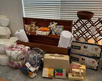 Sewing machines, sewing items and many sewing machines in cabinets in the storage building, air mattresses, Lane cedar chest 