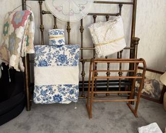 Solid brass queen bed with steel frame ver heavy, quilts and linens