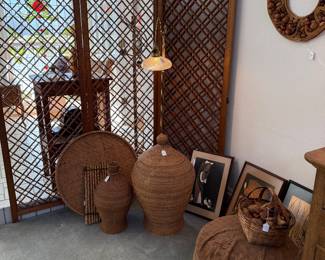 Teak screen, cane baskets, art from Japan