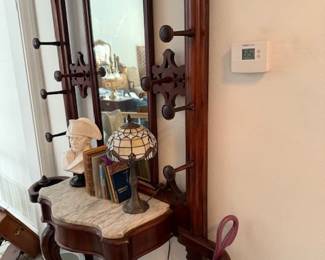 Renaissance Walnut Marble top hall tree with decor