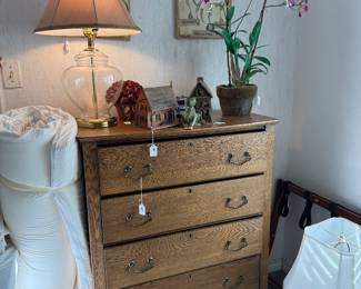 Tiger oak dresser, queen mattress pad and  decor