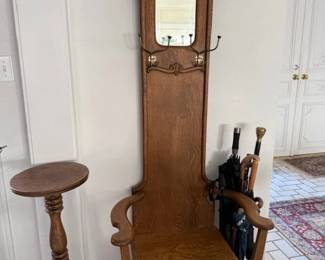 Oak hall tree and pedestal table 
