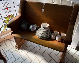 Church pew, vintage wall lamps, dishware