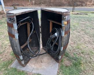 Wine barrel set up to hide car charger. Lockable. Needs work. ChargePoint charger also available.