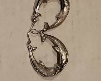 14 K White Gold Kissing Dolphins Earrings 