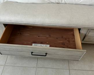 #94 - $1,400 - King bed w/attached bench w/2 cedar drawers wood & linen headboard with a pair of nightstands 26"Hx17"Wx26"D 82"Wx72"H