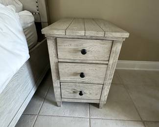 #94 - $1,400 - King bed w/attached bench w/2 cedar drawers wood & linen headboard with a pair of nightstands 26"Hx17"Wx26"D 82"Wx72"H
