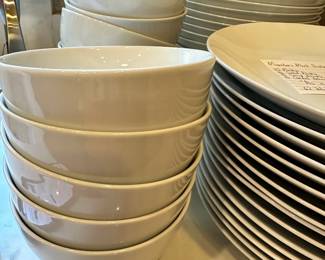 #128 - $ 68 -  Members mark white dishes some chips 15 plates , 16 salad plates, 15 soup bowls, 16 cereal bowls