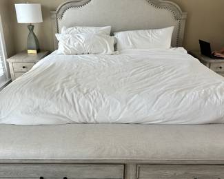 #94 - $1,400 - King bed w/attached bench w/2 cedar drawers wood & linen headboard with a pair of nightstands 26"Hx17"Wx26"D 82"Wx72"H

