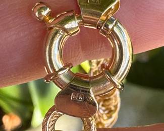 #119 - $750  - 14kt yellow gold fancy link bracelet, 8"L, 13.60 grams. 