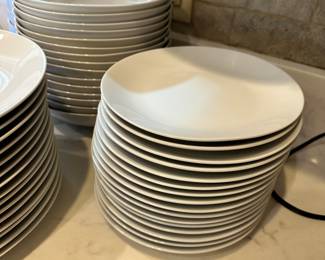 #128 - $ 68 -  Members mark white dishes some chips 15 plates , 16 salad plates, 15 soup bowls, 16 cereal bowls