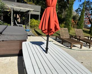 #36 - $450 - white composite dining table w/bench 29"Hx5'Lx37"D w/umbrella