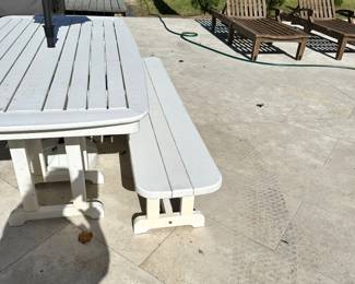 #36 - $450 - white composite dining table w/bench 29"Hx5'Lx37"D w/umbrella