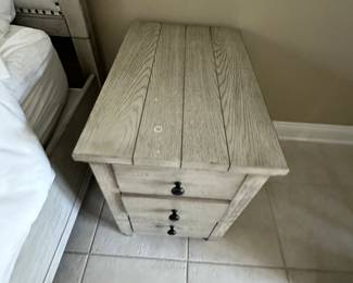 #94 - $1,400 - King bed w/attached bench w/2 cedar drawers wood & linen headboard with a pair of nightstands 26"Hx17"Wx26"D 82"Wx72"H