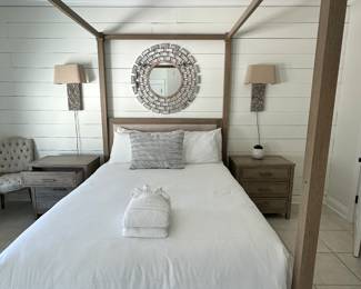 #99 - $1,200 - Queen canopy bed 90"Hx87"L with Pair of Nightstands American Drew 29"Hx28"Wx17"D