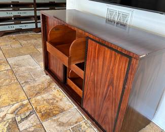 #78 - $400 - Wood Console Brownstone 37"Hx59"Lx20"D small damage to veneer on side
