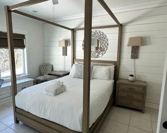 #99 - $1,200 - Queen canopy bed 90"Hx87"L with Pair of Nightstands American Drew 29"Hx28"Wx17"D

