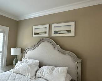 #94 - $1,400 - King bed w/attached bench w/2 cedar drawers wood & linen headboard with a pair of nightstands 26"Hx17"Wx26"D 82"Wx72"H