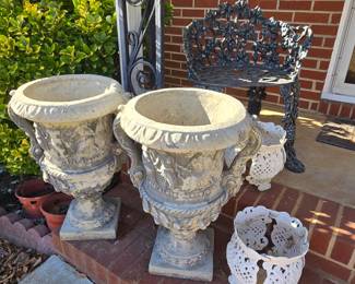 Pair of large concrete urn planters, cast iron plant holders & cast aluminum chair