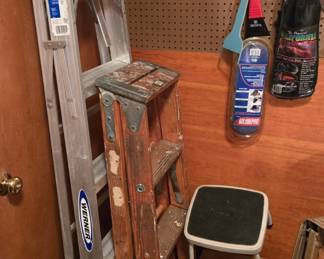 Aluminum ladder, vintage heavy duty wood ladder