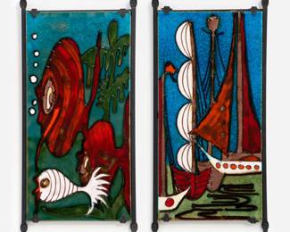 251 . Pair of Mid-Century Ceramic Plaques, Iron Frames