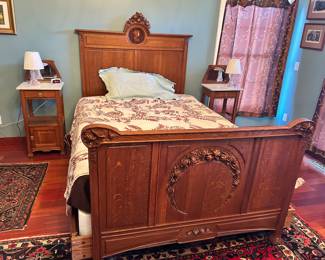 Antique Handcarved Oak Marquetry Inlaid Bedroom suite