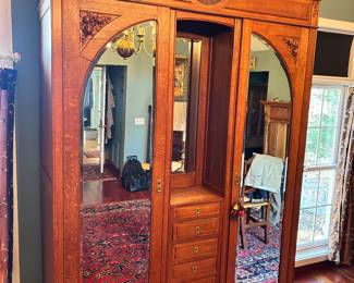 Antique Handcarved Oak Marquetry Inlaid Bedroom suite