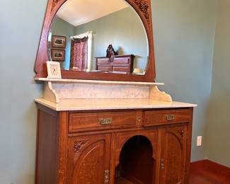 Antique Handcarved Oak Marquetry Inlaid Bedroom suite