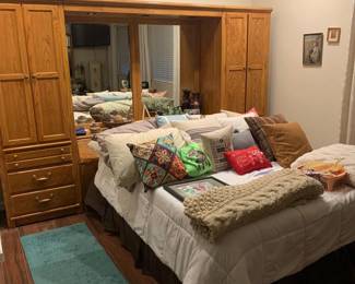Queen Size Bed with Cabinet and Mirror Headboard