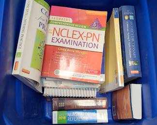 mixed lot of nursing books, dictionary, tub