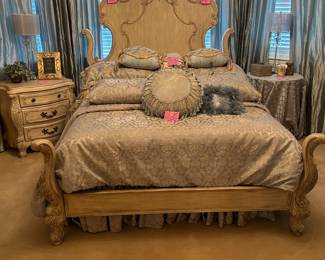 Lovely French style queen, size bed, and matching nightstand with bed, linens, mattress, and box springs