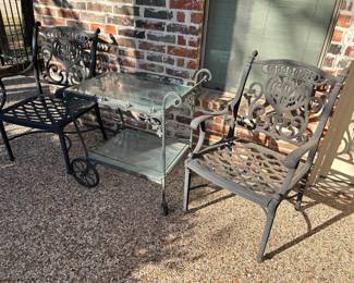 Pair of metal patio chairs, and tea cart
